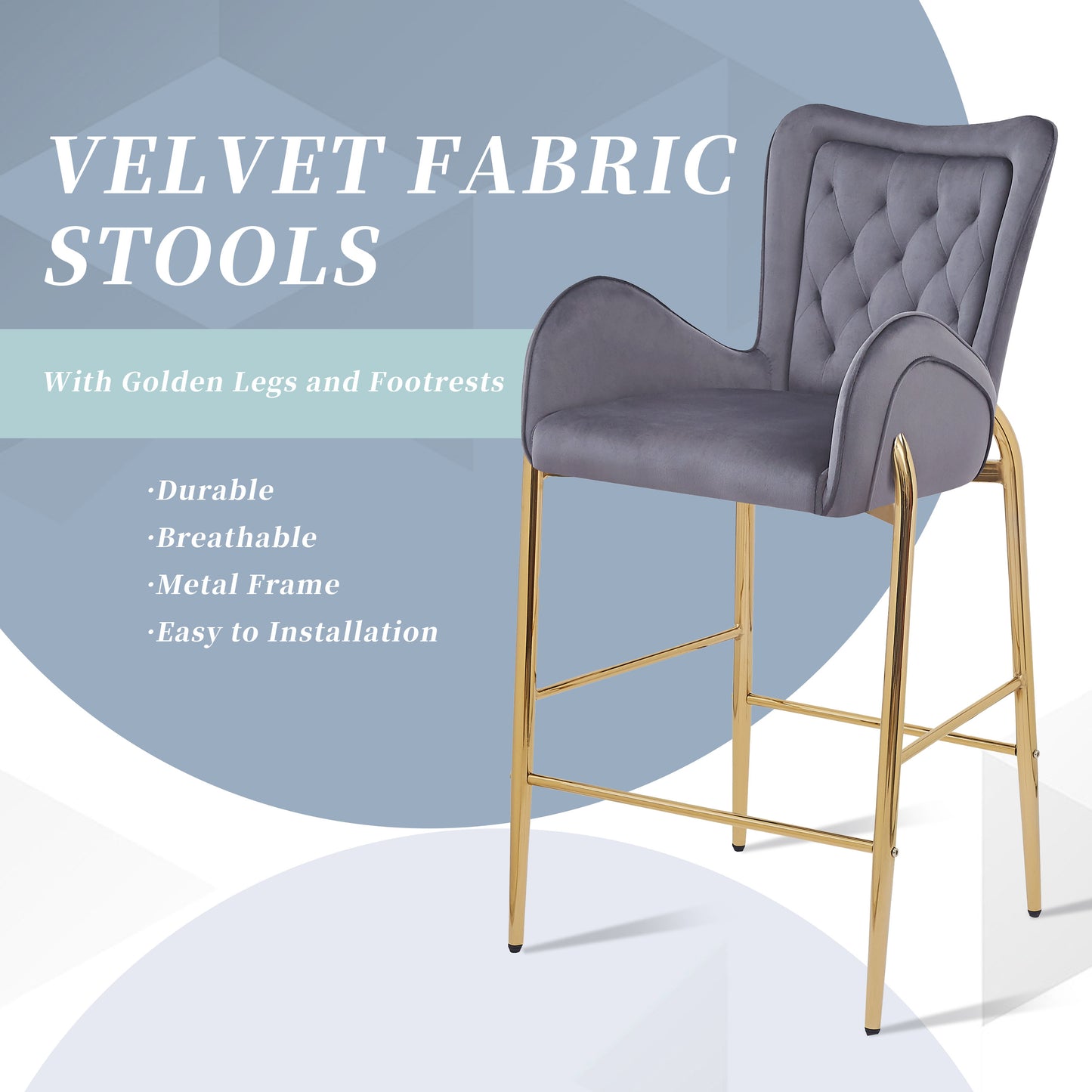 Gray velvet bar stool with diamond tufting and golden legs inches high