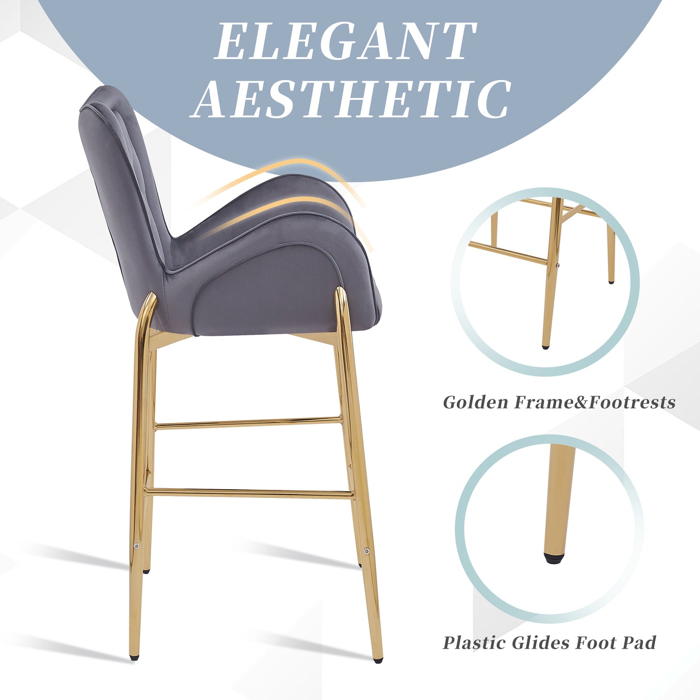 Dark grey velvet counter stool with a sleek gold metal frame and footrests