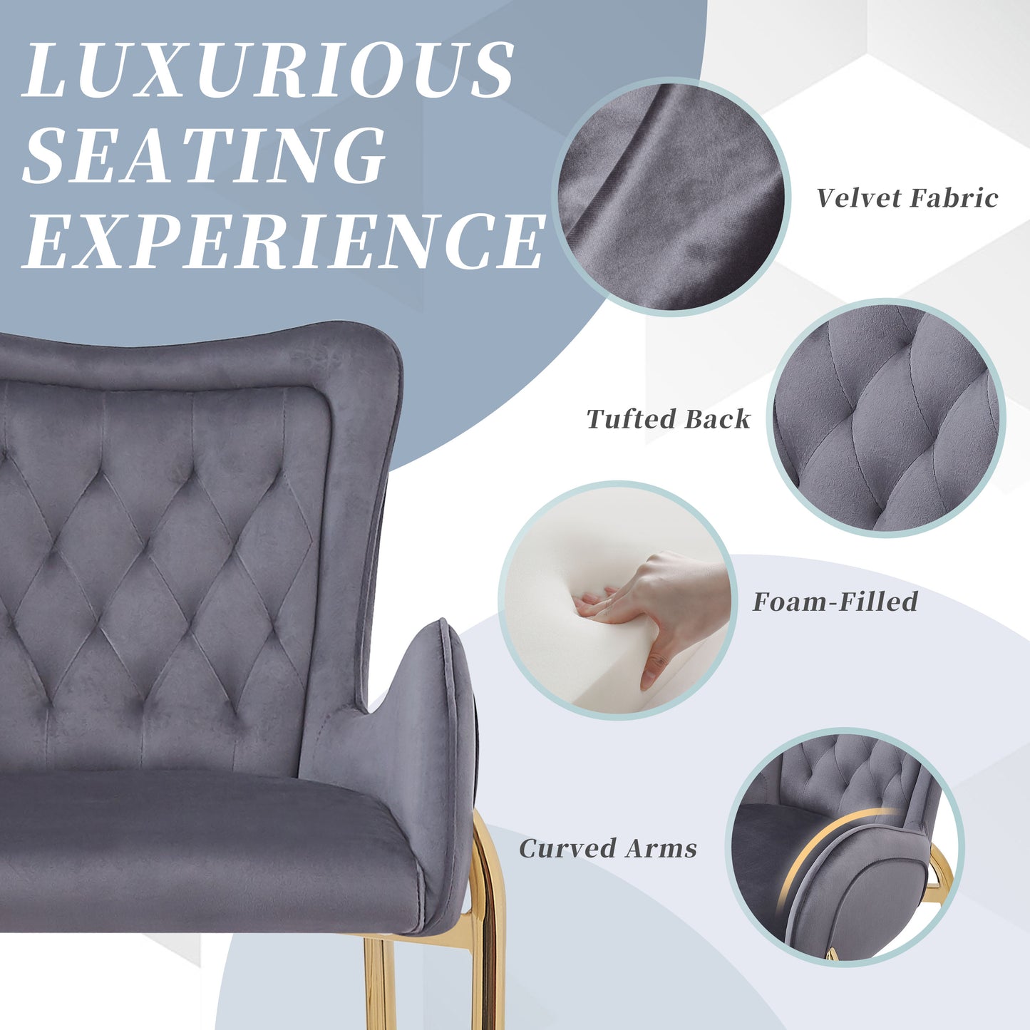 Plush gray velvet armchair with diamond tufting and gold legs