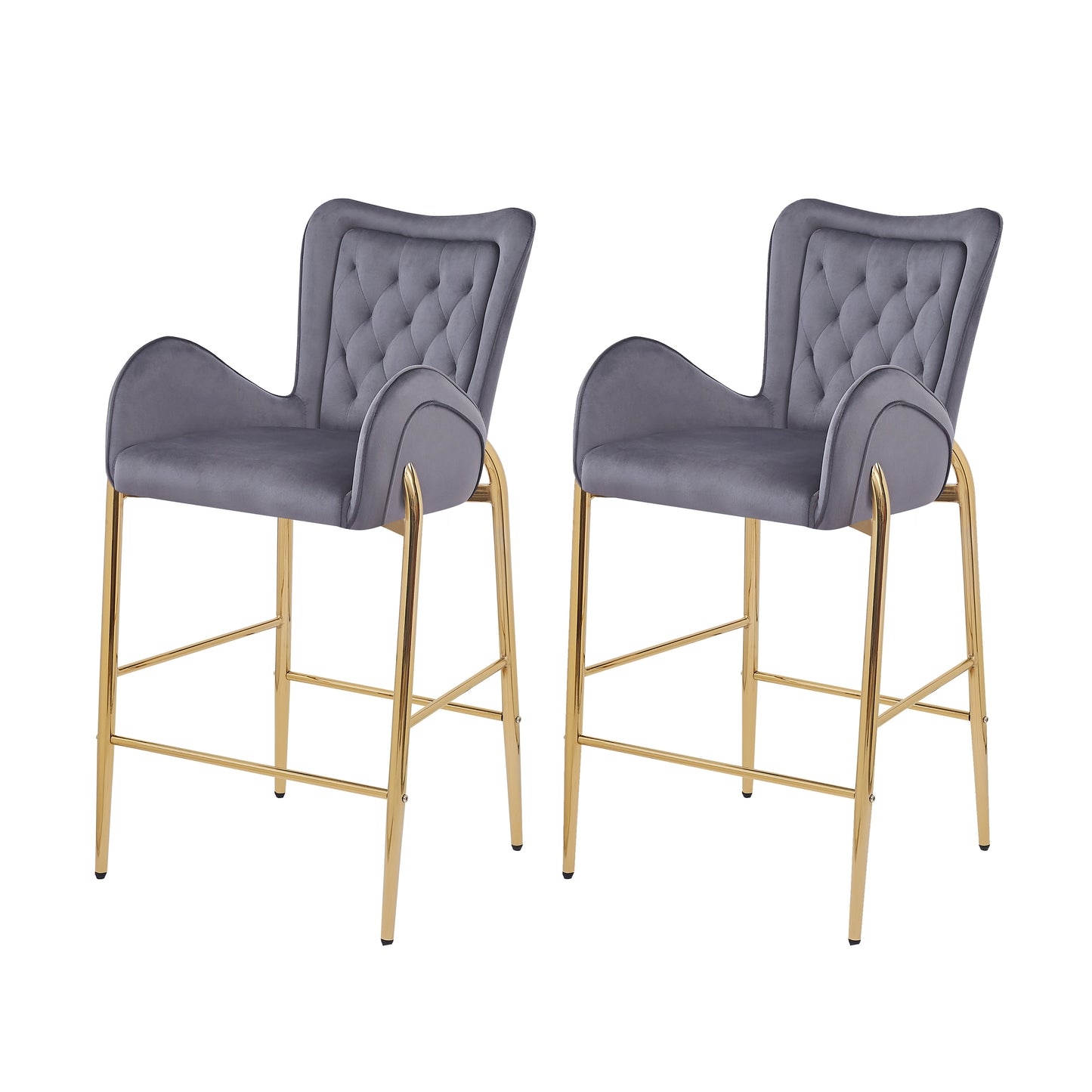 Two plush grey velvet bar stools with tufted seats and golden metal legs