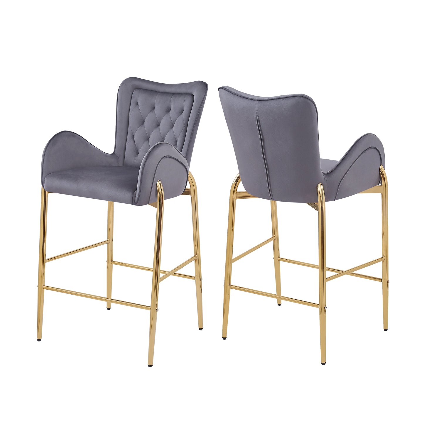 Grey velvet bar stool with diamond tufting and gold metal legs