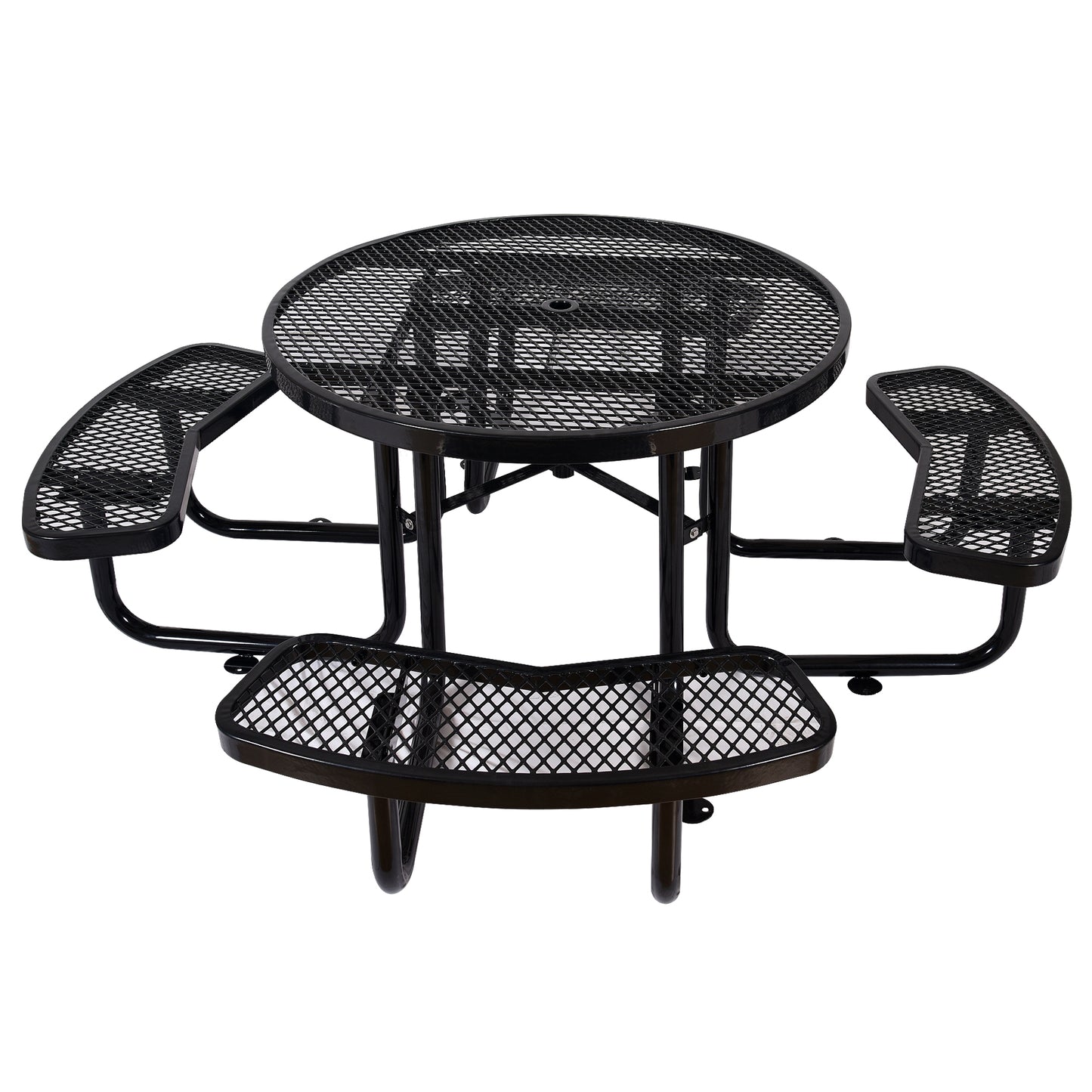 Black metal round picnic table with attached benches outdoor seating