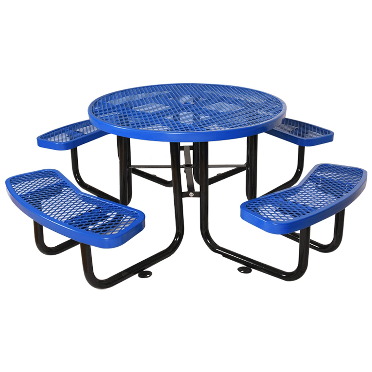 Round blue perforated steel picnic table with attached benches