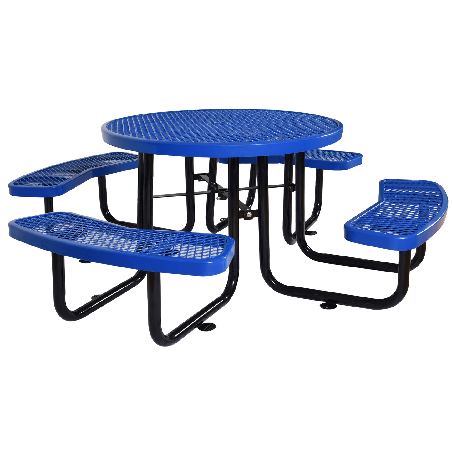 Round blue metal picnic table with attached seating commercial grade durability