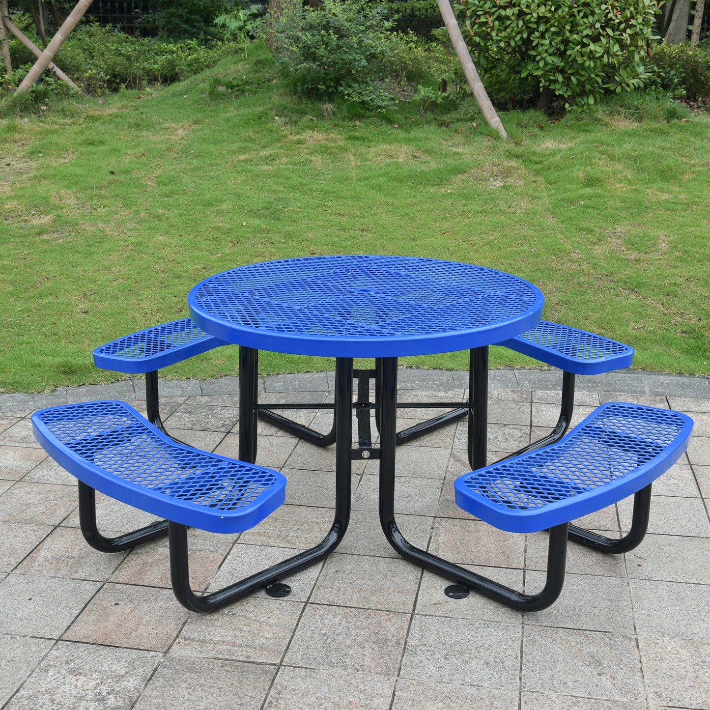 Blue metal picnic table with attached benches outdoor seating