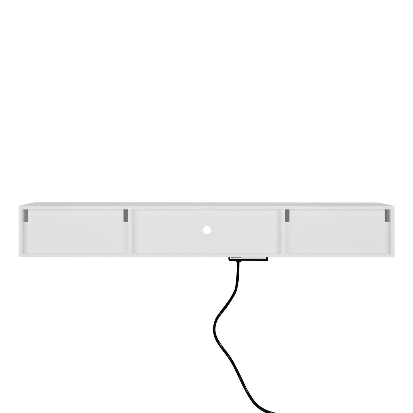 White floating TV stand with media cable management hole and mounting brackets