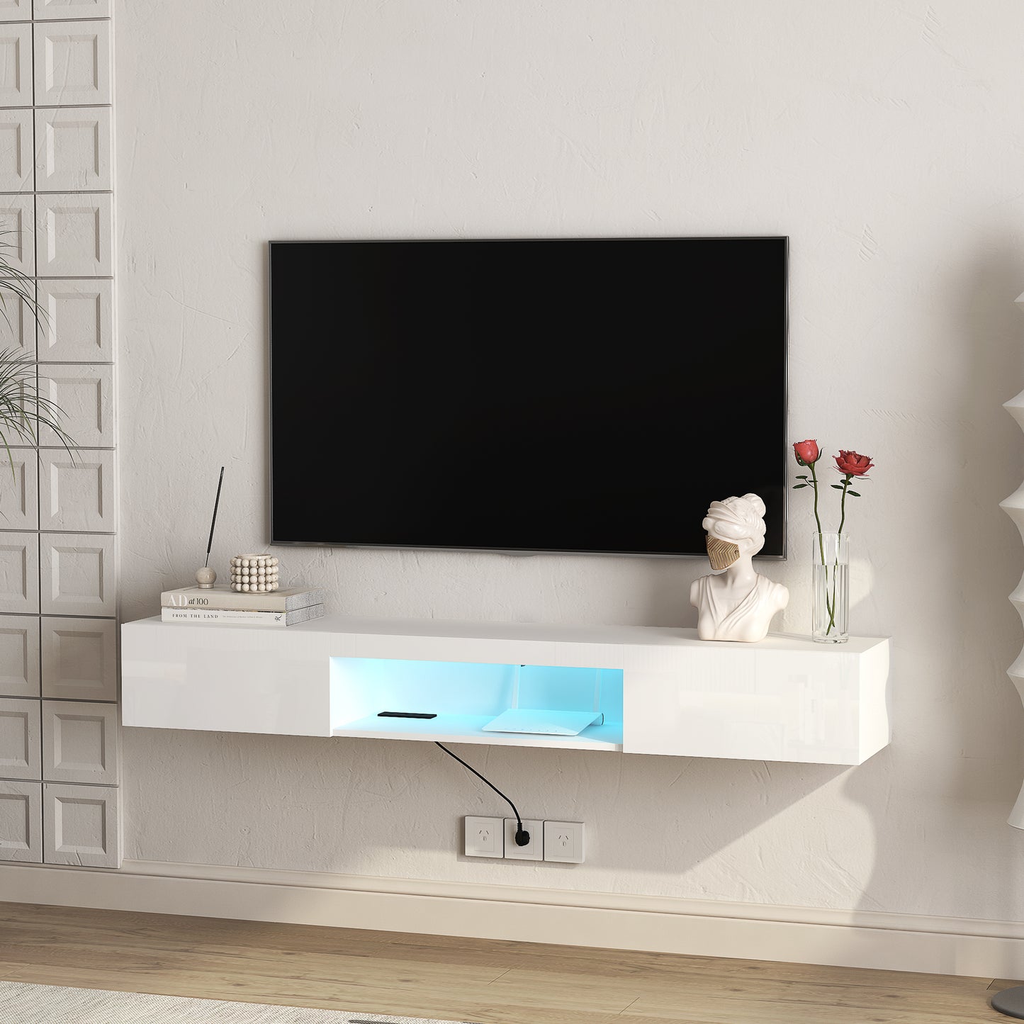 Glossy white floating tv stand with LED lighting modern living room furniture