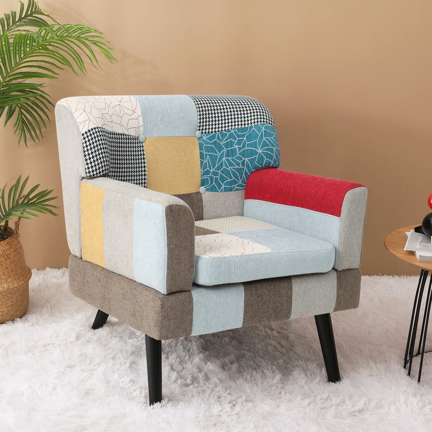 Patchwork accent chair with colorful squares and patterns ideal for living room