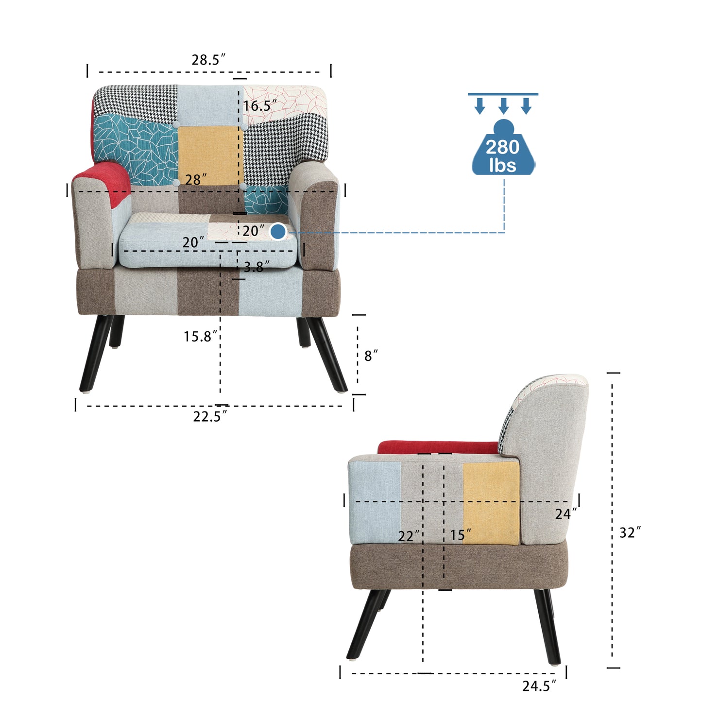 Multicolor patchwork armchair with patterned fabric and padded seat perfect for adding flair to any room