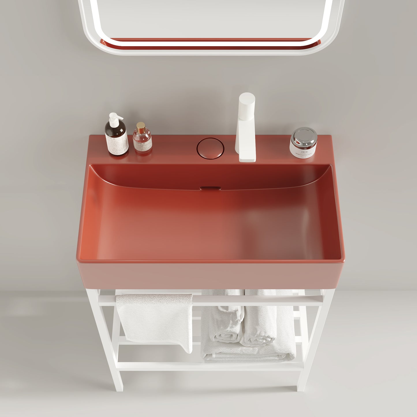Terracotta bathroom vanity with white metal frame and integrated basin