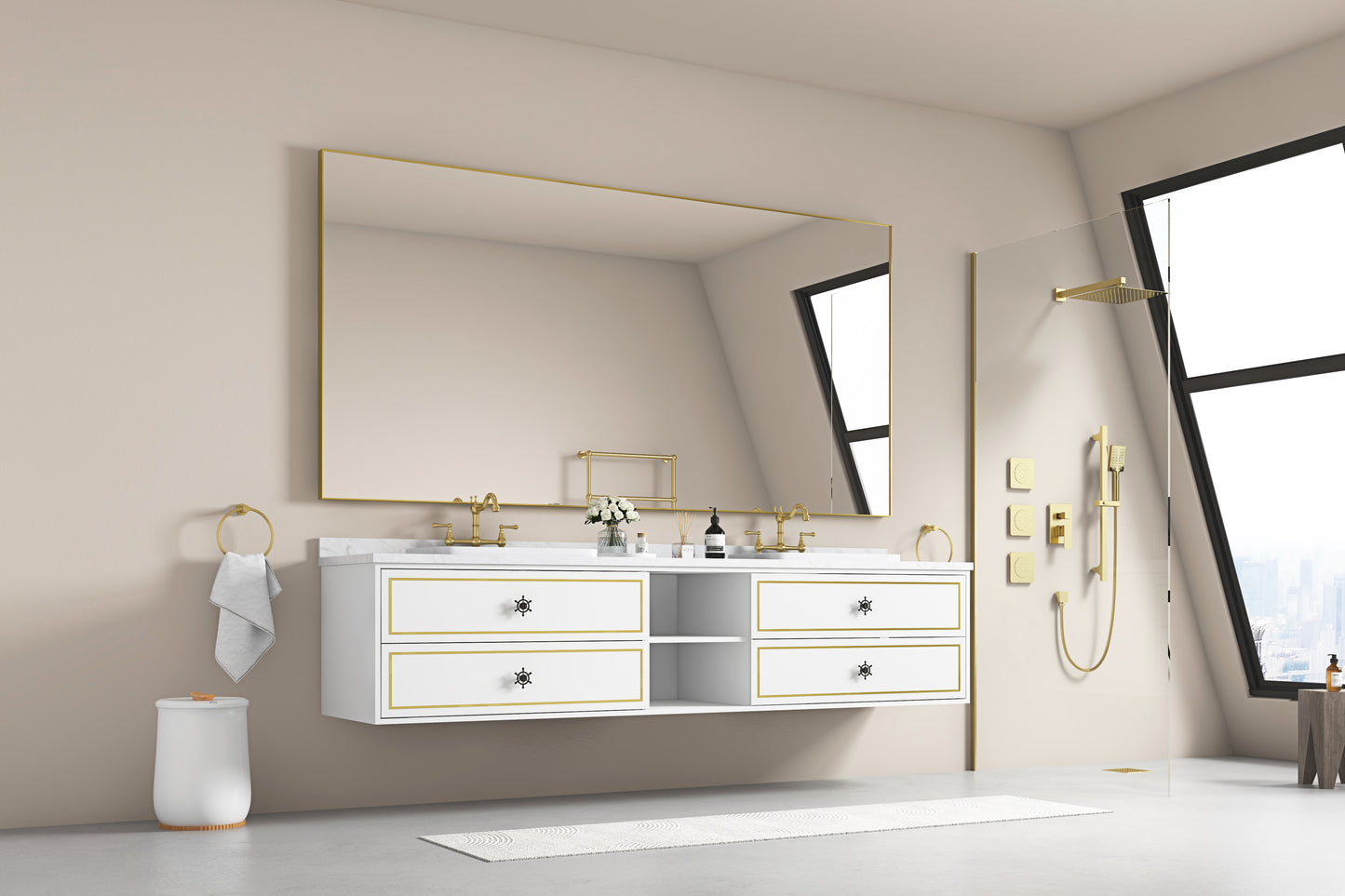 Modern white bathroom vanity with gold accents and dual sinks