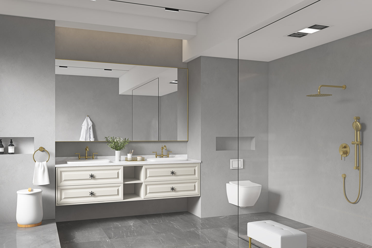 Elegant white dual vanity with cream drawers marble countertop and gold faucets