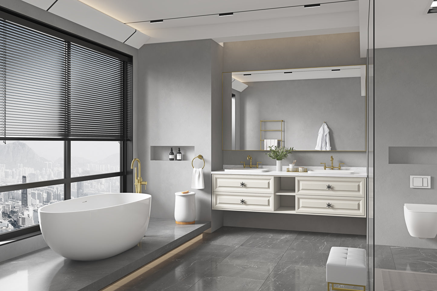 Modern freestanding white bathtub with gold faucet and city view