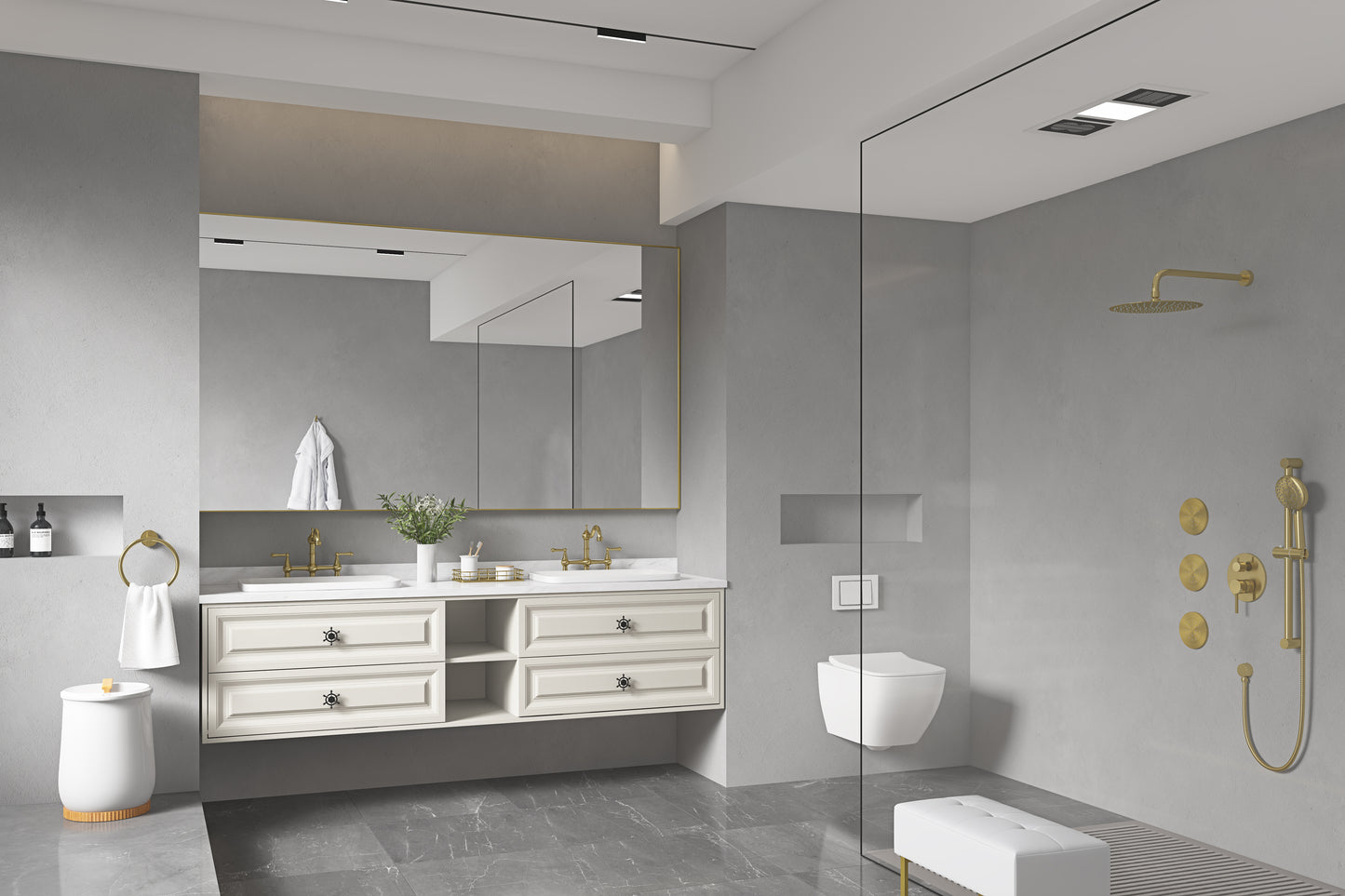Elegant cream bathroom vanity with gold fixtures and double sinks