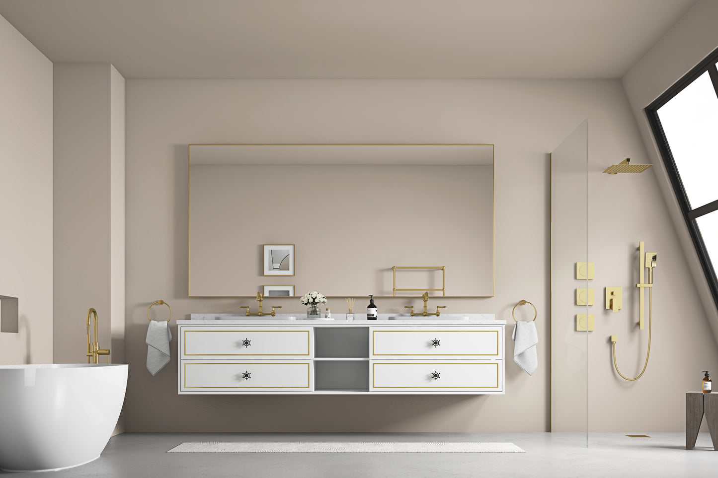 Luxurious freestanding white bathtub with a golden faucet ideal for modern bathrooms