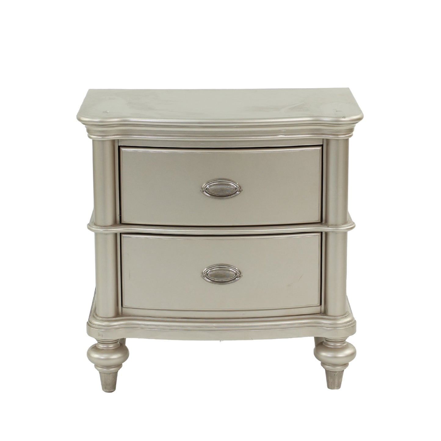 Elegant silver twodrawer nightstand with ornate hardware and carved legs
