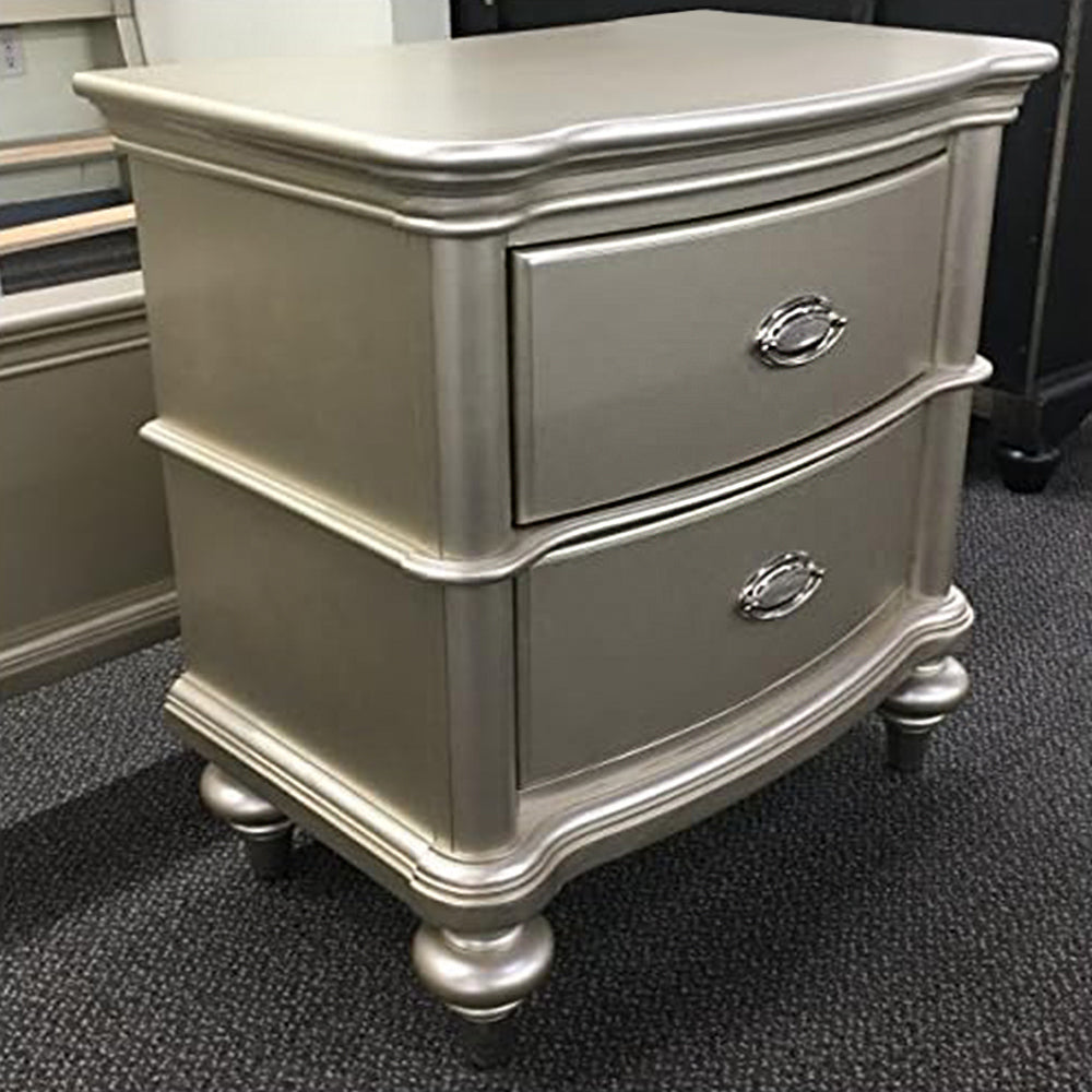 Silver metallic twodrawer nightstand with ornate drawer pulls