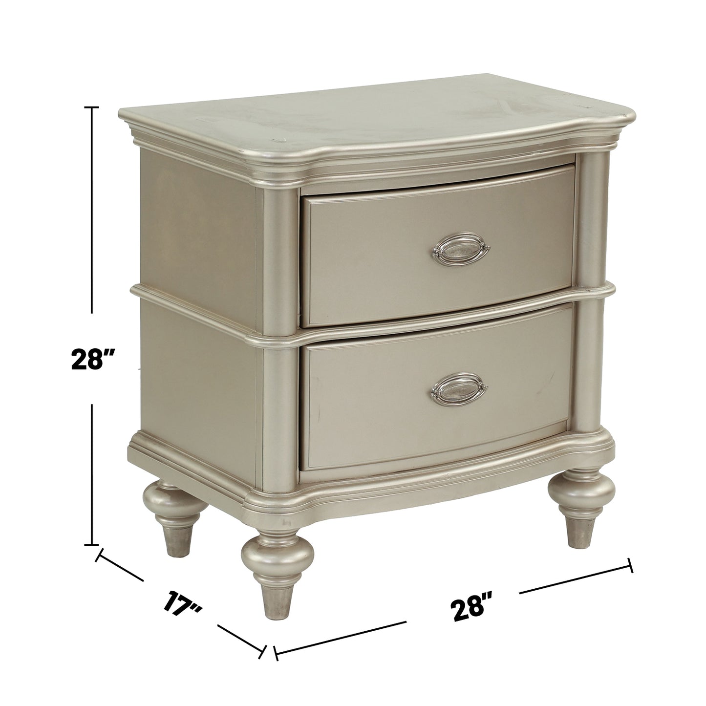 Champagne gold twodrawer nightstand with ornate silver drawer pulls and decorative legs