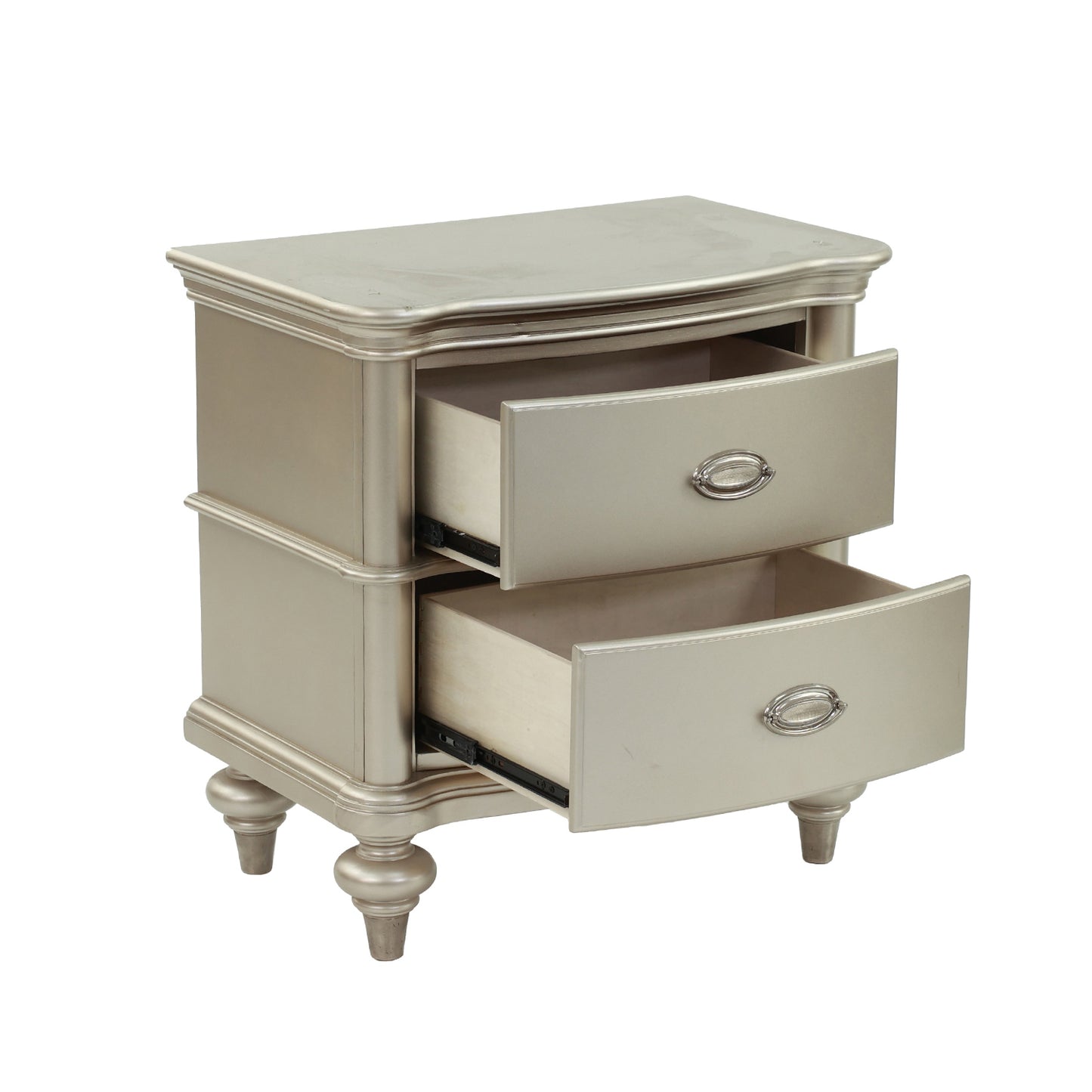 Champagne gold nightstand with two drawers and ornate drawer pulls
