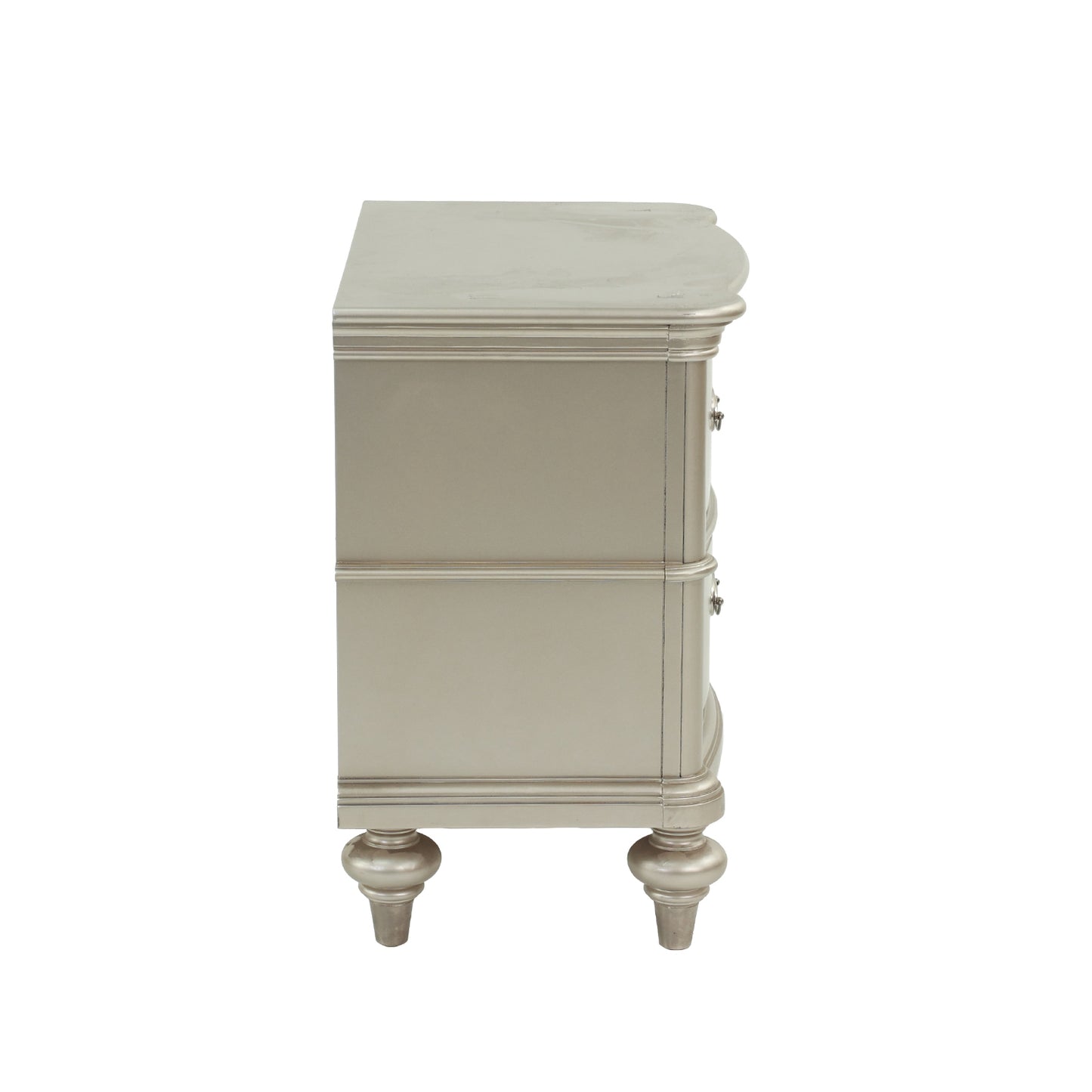Champagne metallic nightstand with three drawers and ornate legs