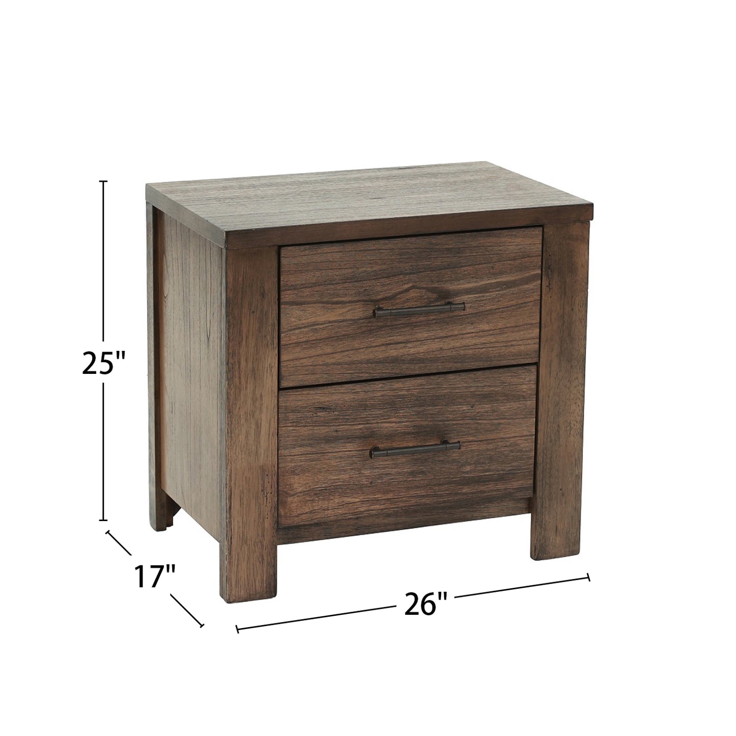 Dark wood bedside table with two drawers and metal handles