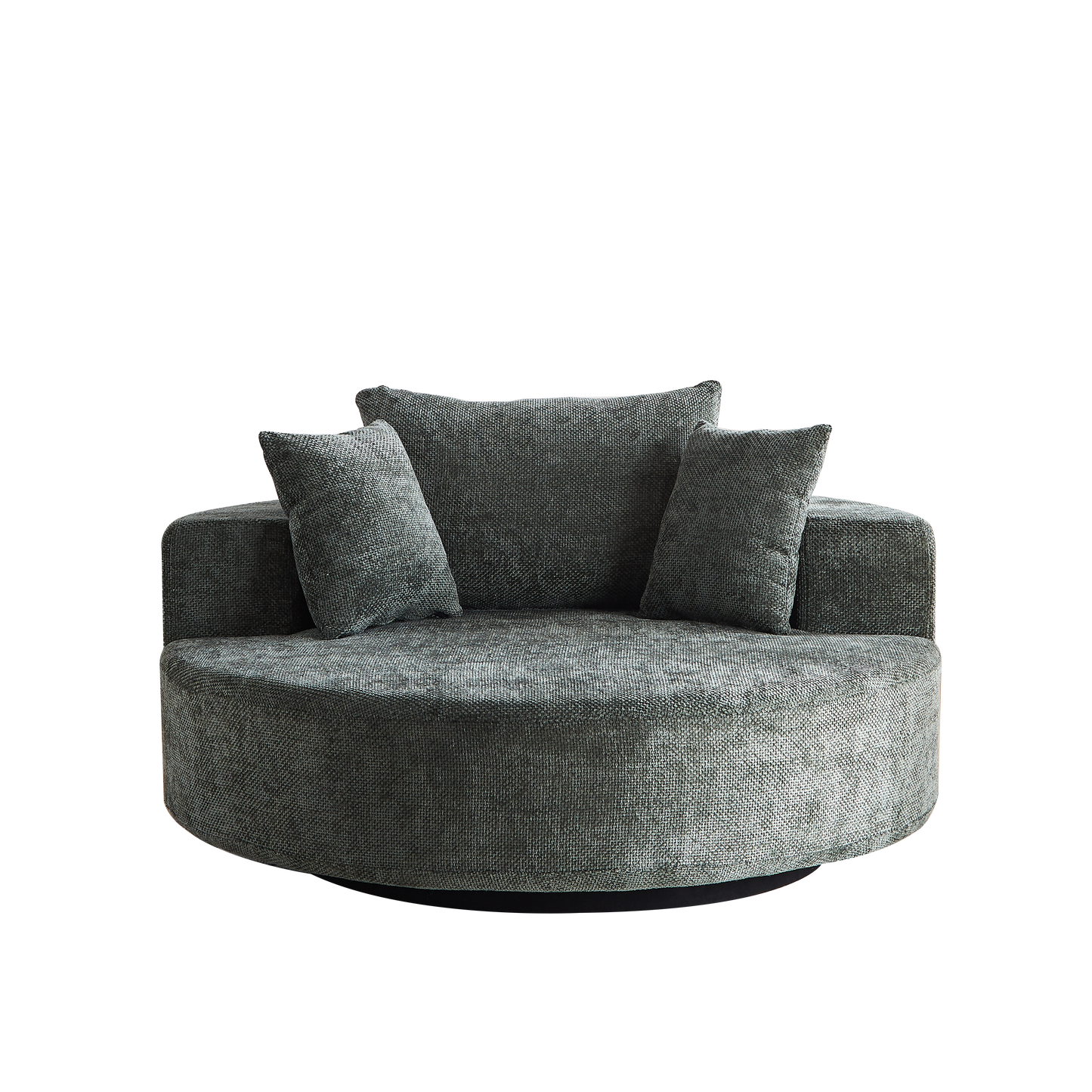 Comfortable round sectional sofa in textured dark gray fabric with two accent pillows