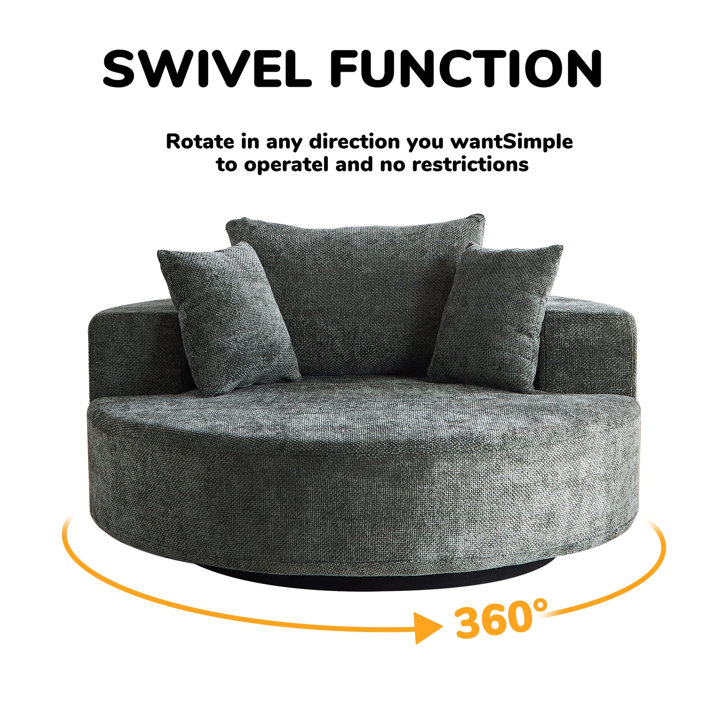 Gray fabric swivel armchair with plush cushions and degree rotation capability