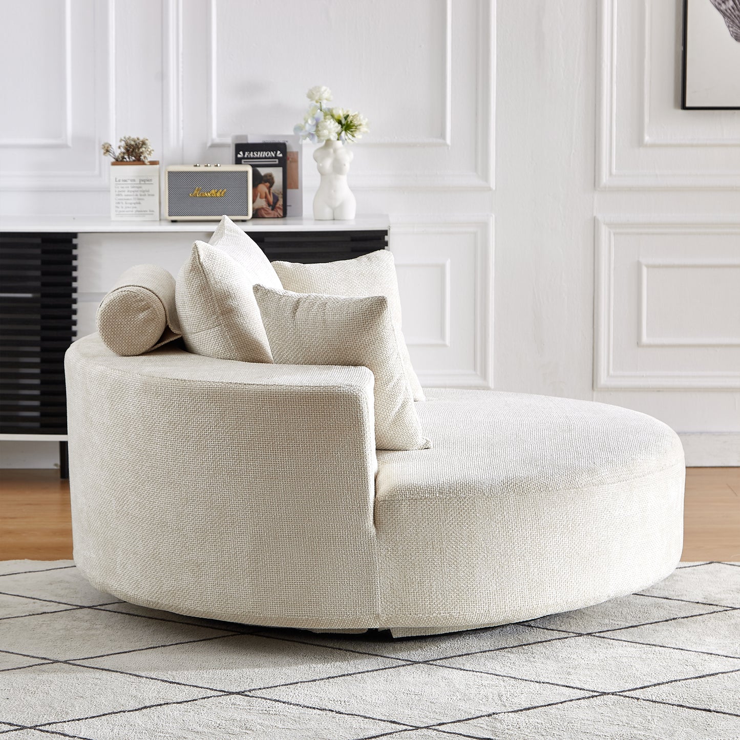 Cream boucle fabric round sofa with armrest and plush cushions perfect for modern living rooms