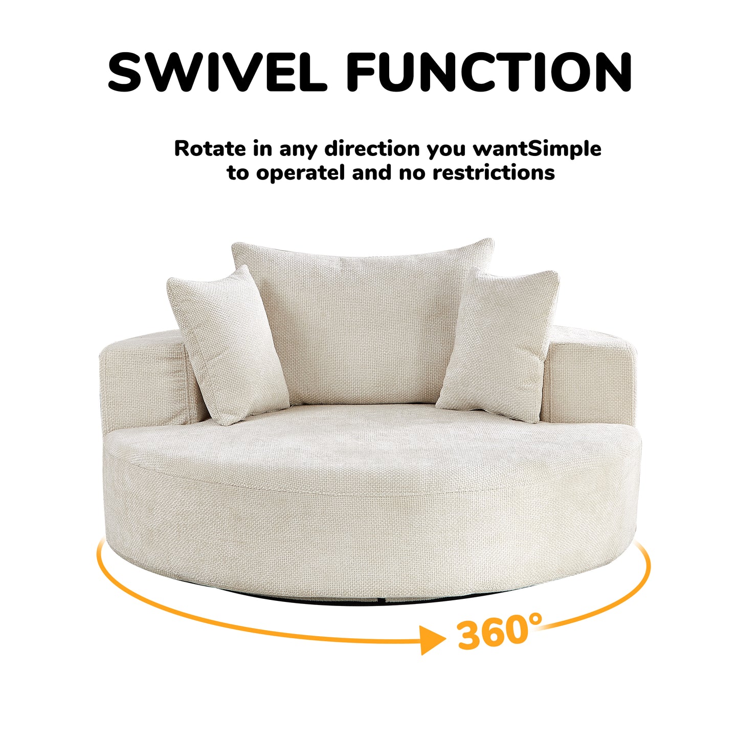 Cream textured fabric swivel chair with two accent pillows degree rotation