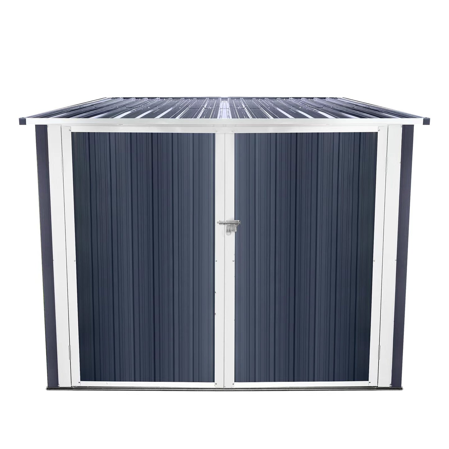 Dark grey metal garden shed with double doors and a sloped roof
