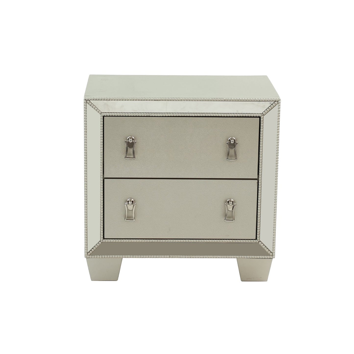Glamorous mirrored nightstand with two grey drawers and silver pull handles
