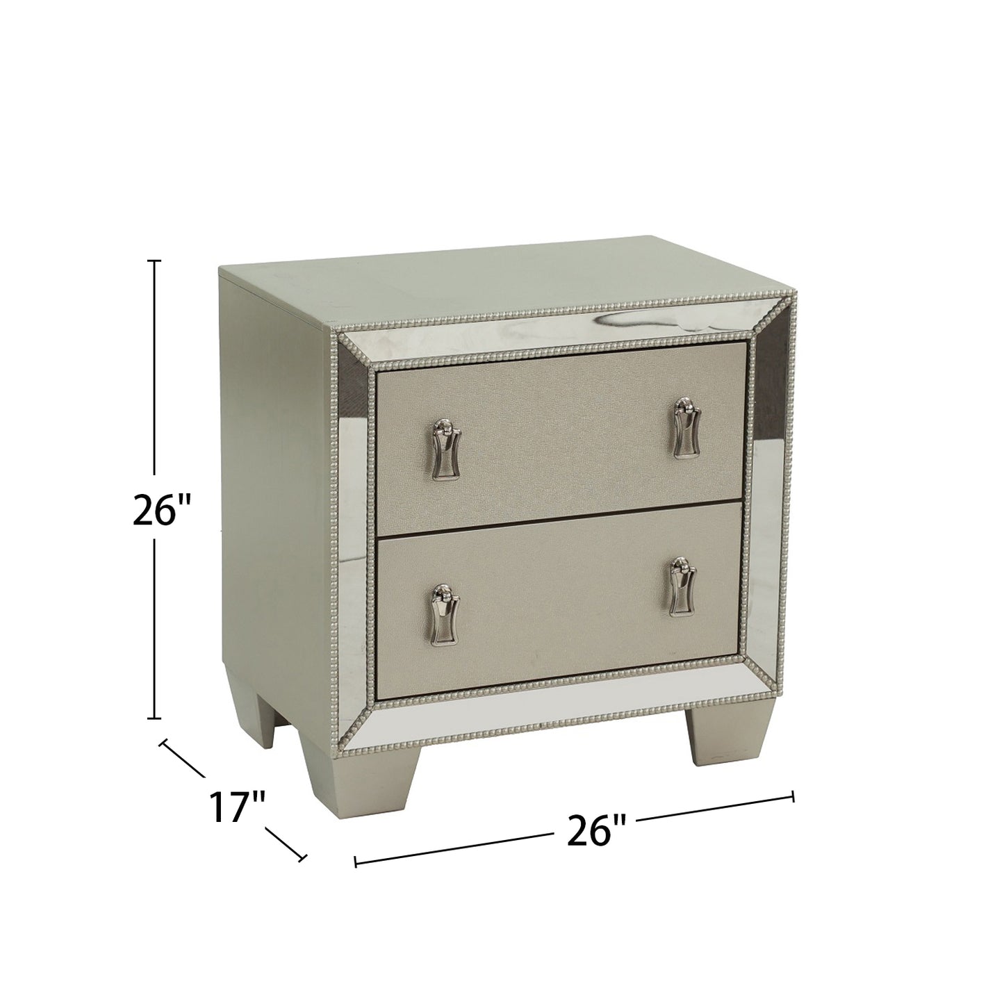 Glamorous mirrored nightstand with two textured drawers and crystallike pulls