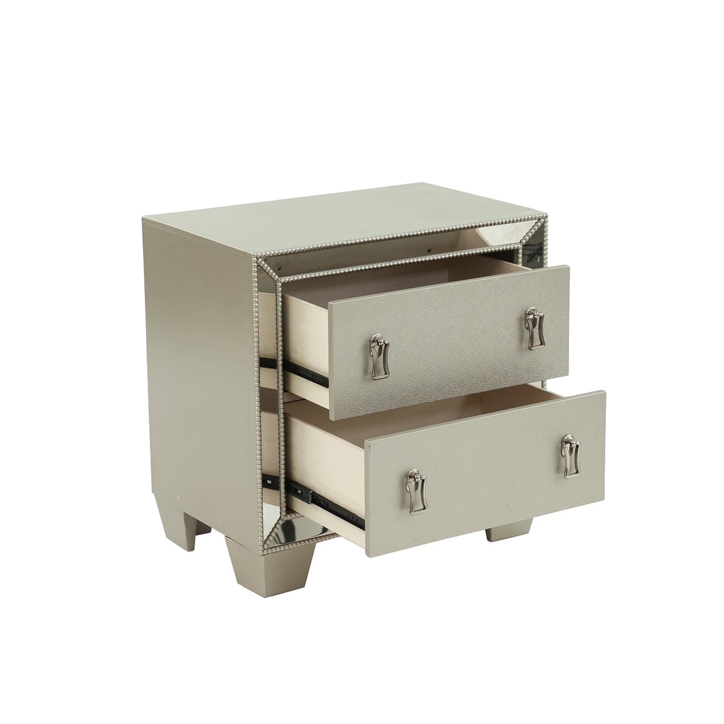 Silver mirrored nightstand with beaded trim and two drawers