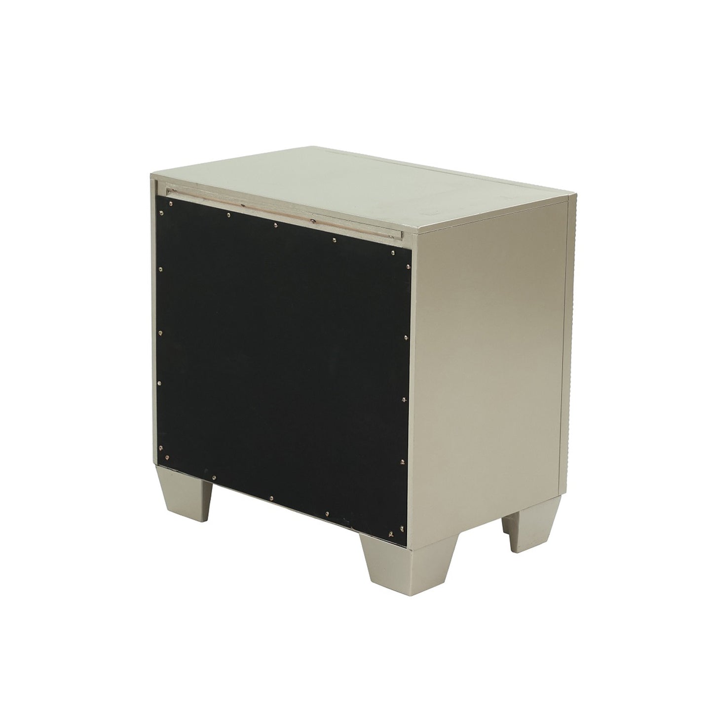 Silver nightstand with black accent panel and modern angular legs