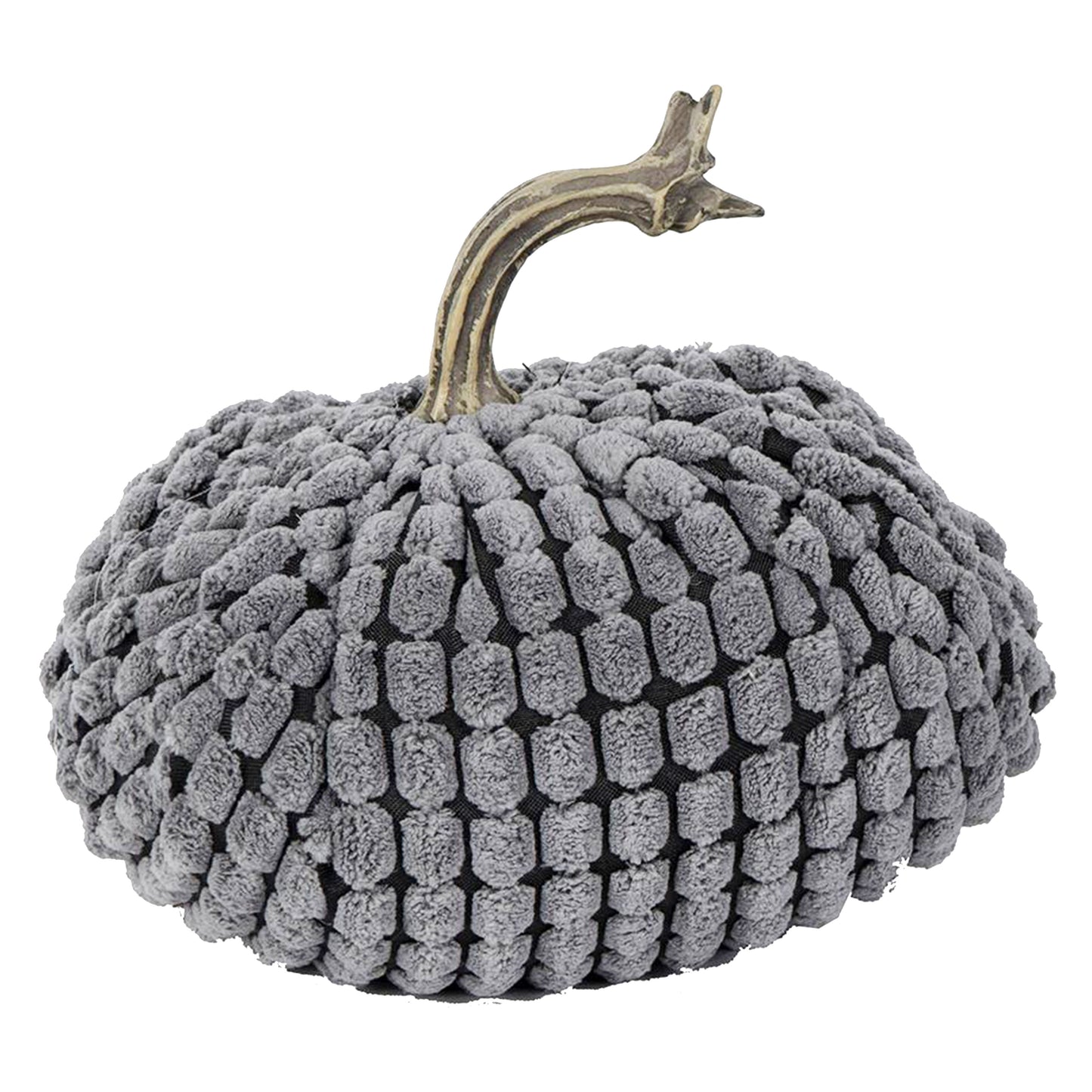 Plush grey pumpkin decoration with a textured cozy fabric and a realistic stem for festive fall decor