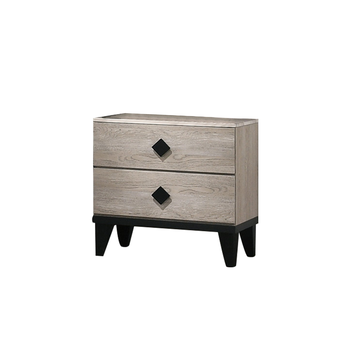 Modern twodrawer nightstand with light wood finish and black diamond pulls