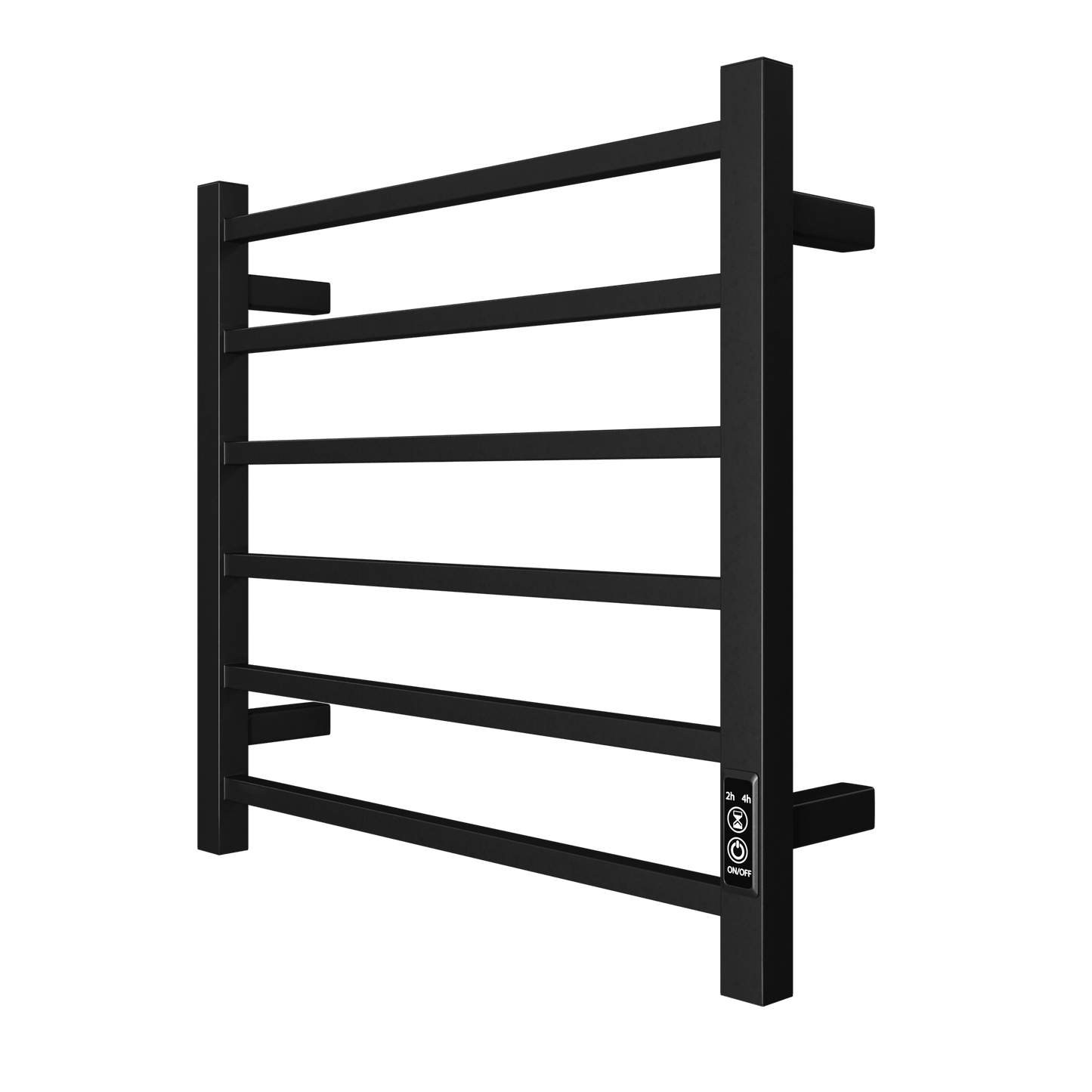 Black metal heated towel rail with horizontal bars and digital timer controls