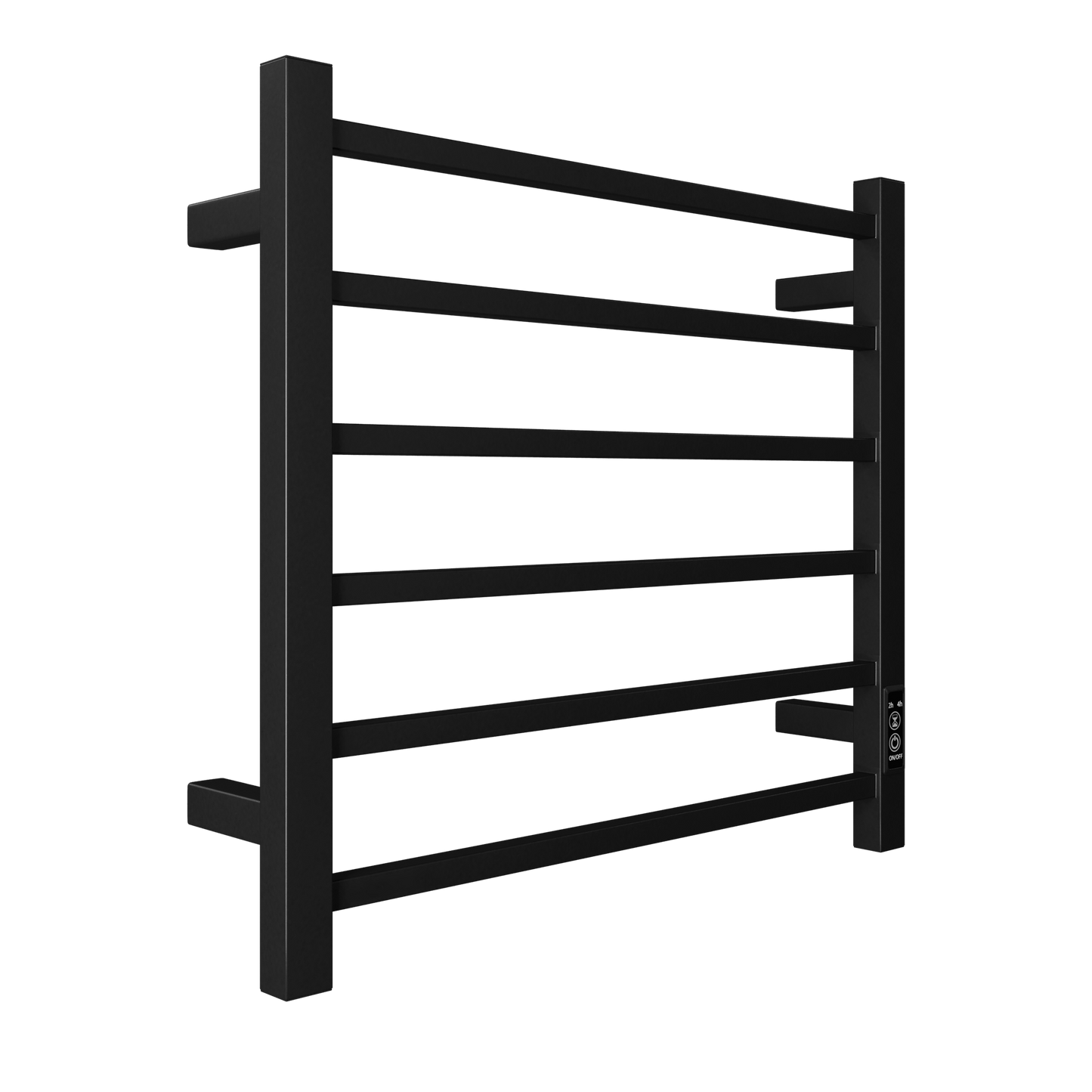 Modern black electric towel warmer with a sleek minimalist design ideal for bathrooms