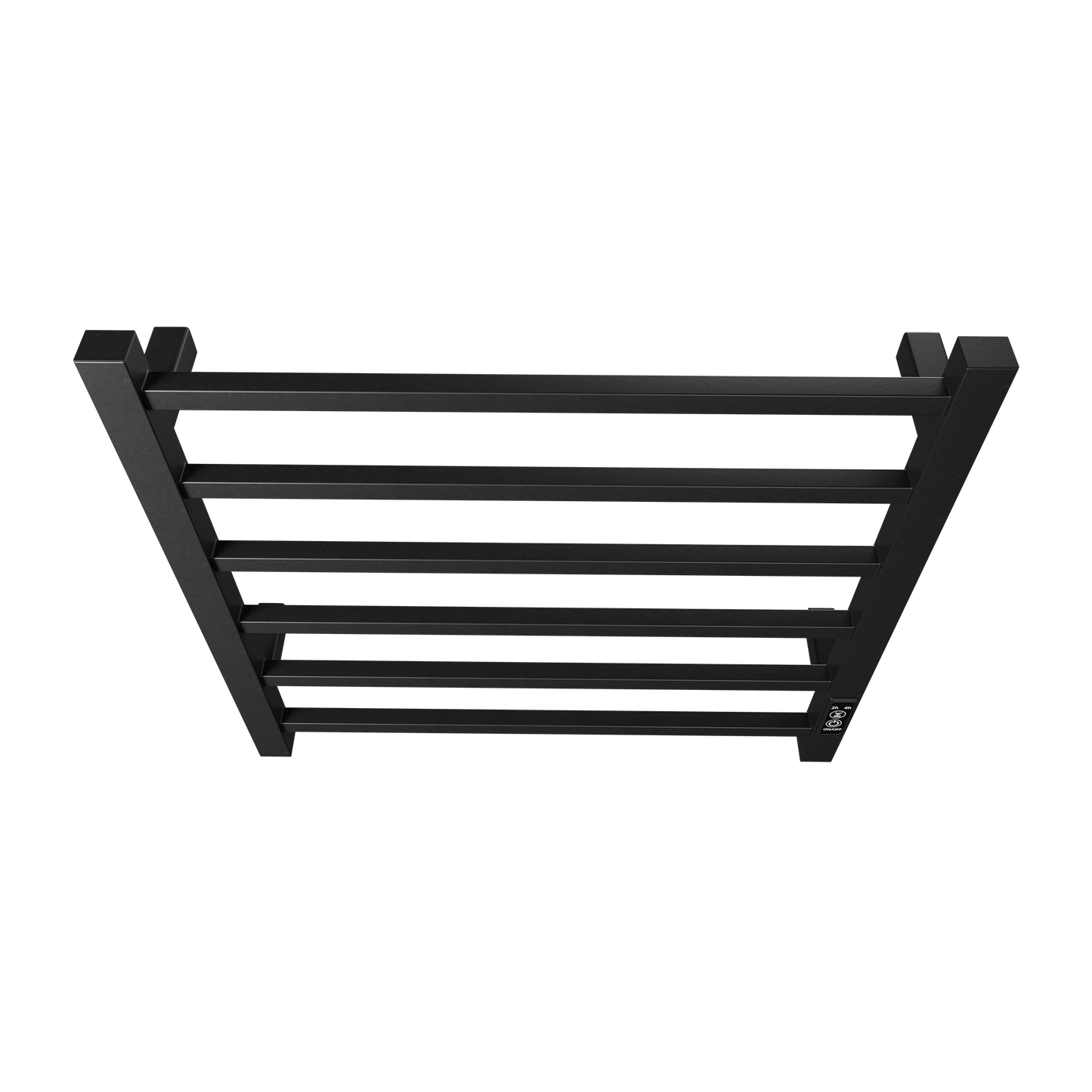 Black modern towel warmer with horizontal bars and integrated control panel