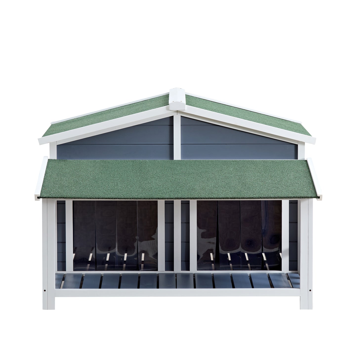 Modern gray wooden chicken coop with green asphalt roof for backyard chickens