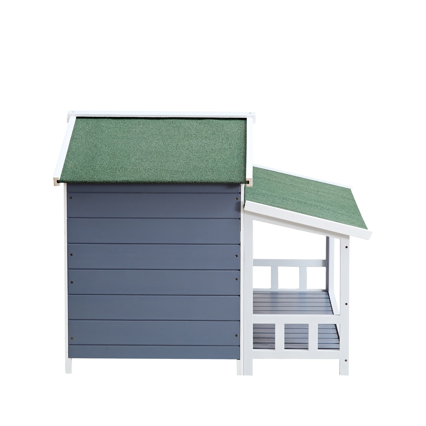 Gray wooden pet house with green asphalt shingle roof and attached porch area