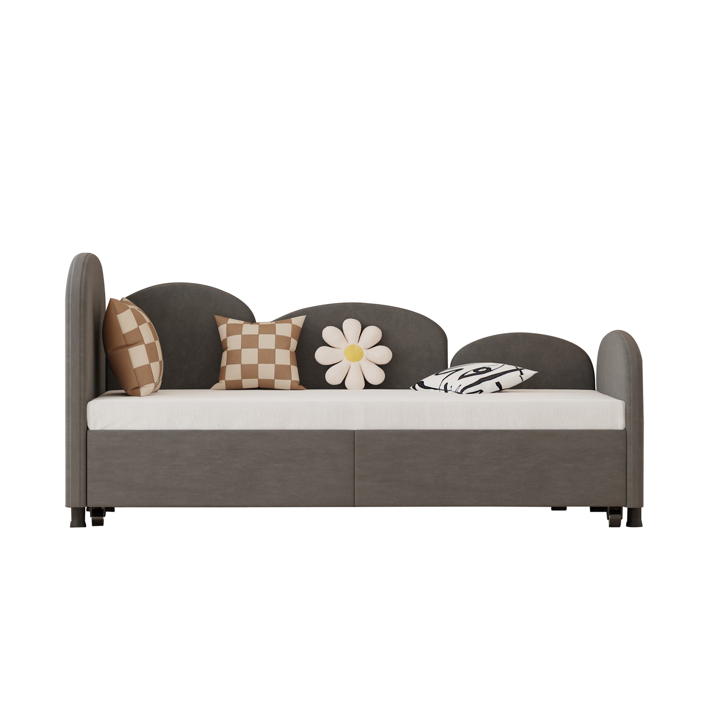 Grey upholstered twin daybed with whimsical pillows perfect for a childs room