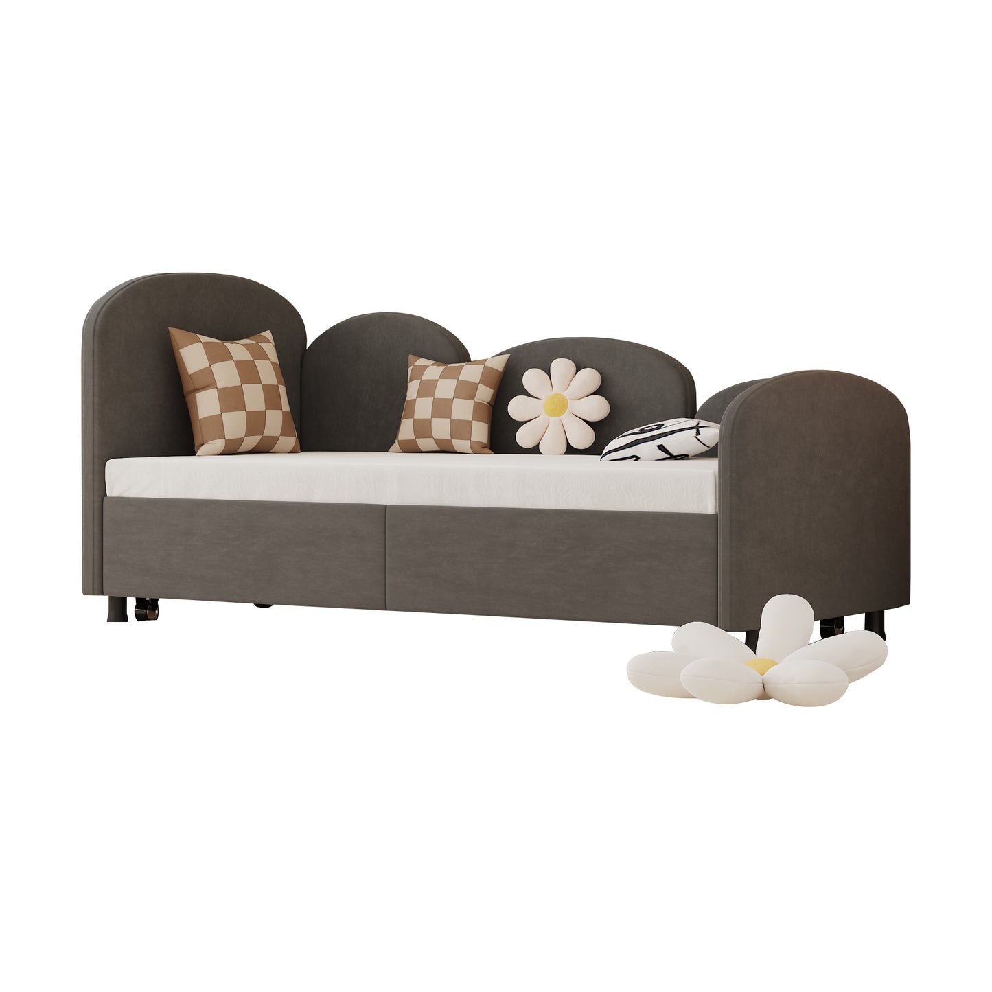 Dark gray fabric toddler bed with wavy headboard and checkered pillows Primary keyword toddler bed