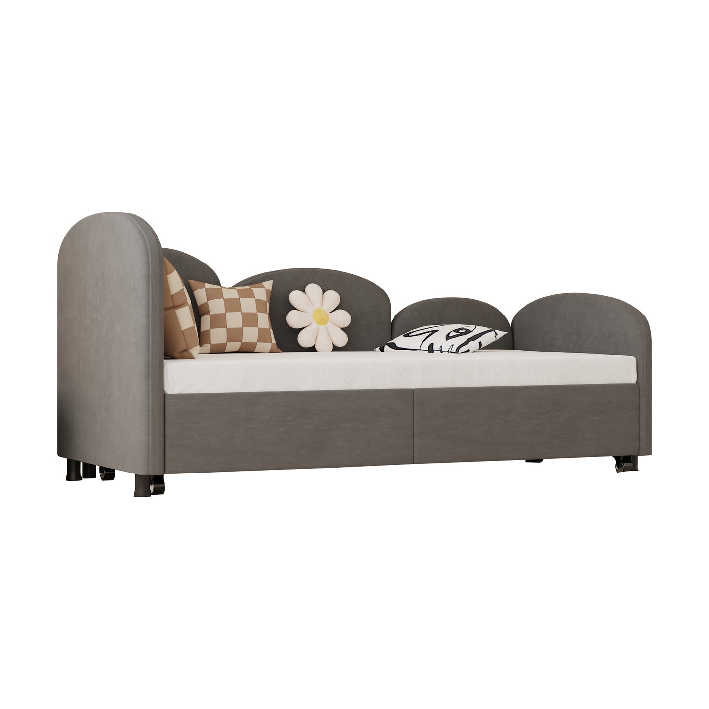 Gray upholstered kids bed with playful pillows and wheels