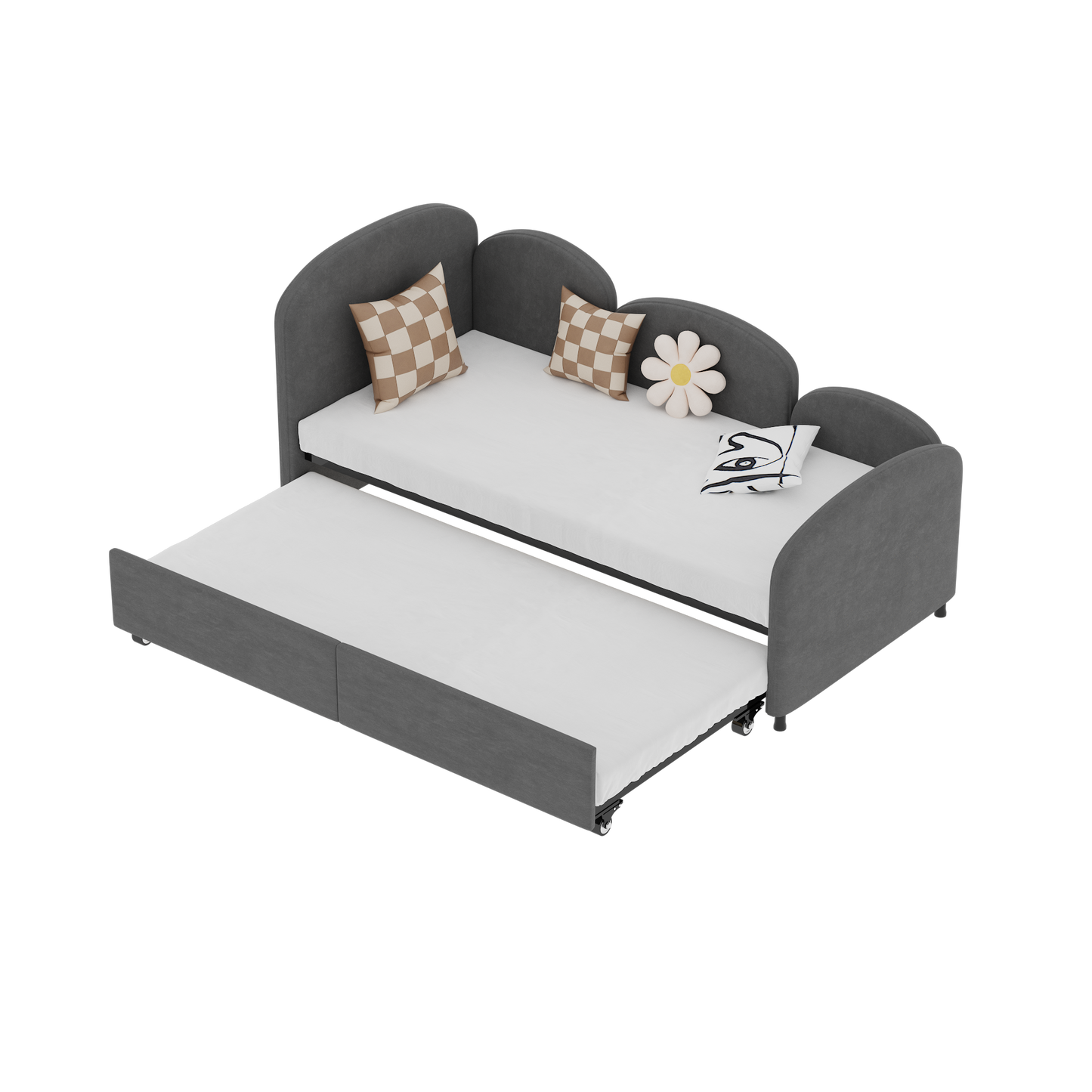 Grey upholstered daybed with trundle featuring waveshaped headrests and checkered pillows