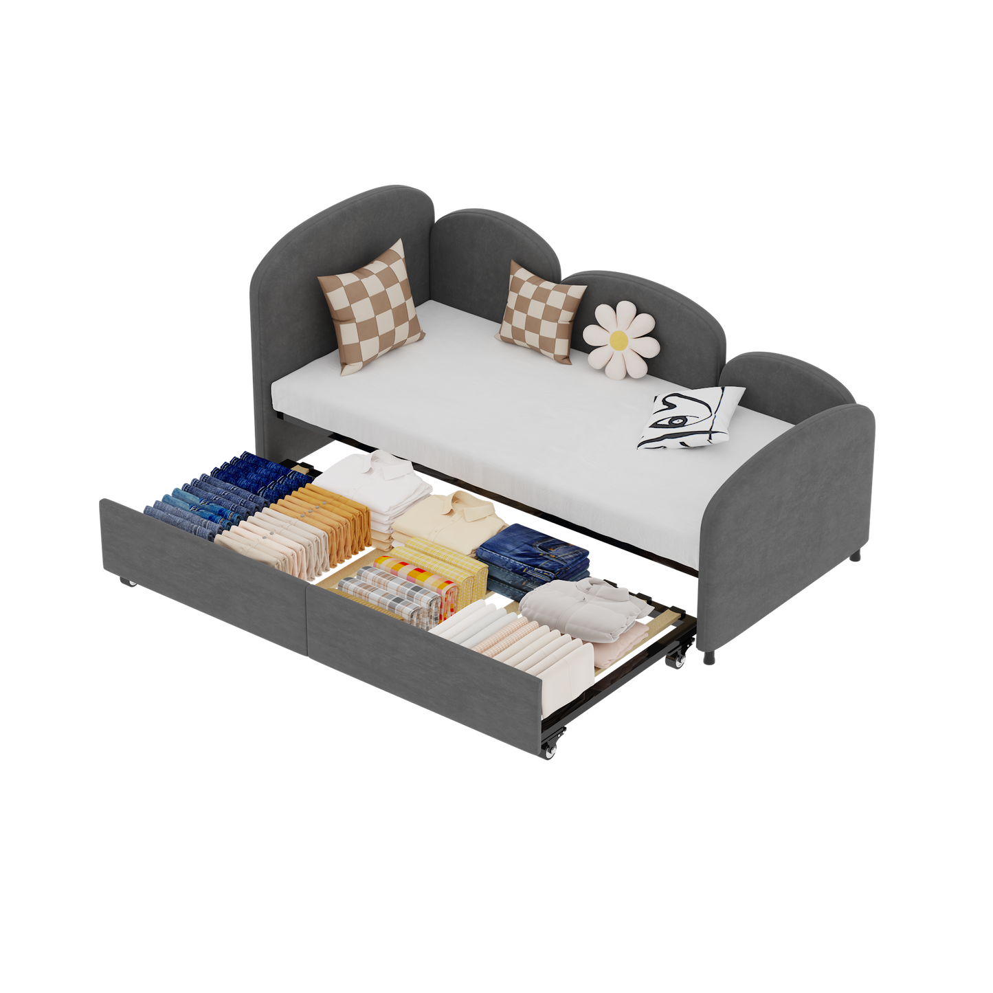 Gray upholstered daybed with spacious drawers showcasing neatly folded clothing and bedding storage solutions