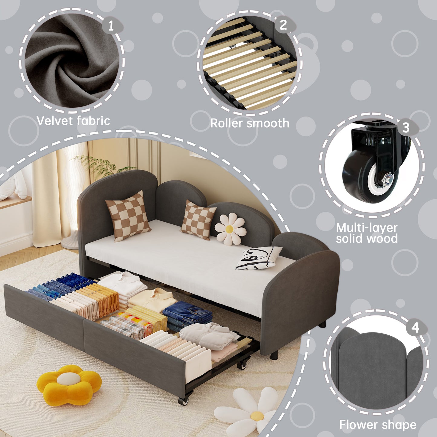 Dark gray velvet fabric sofa bed with pullout drawers for clothing storage