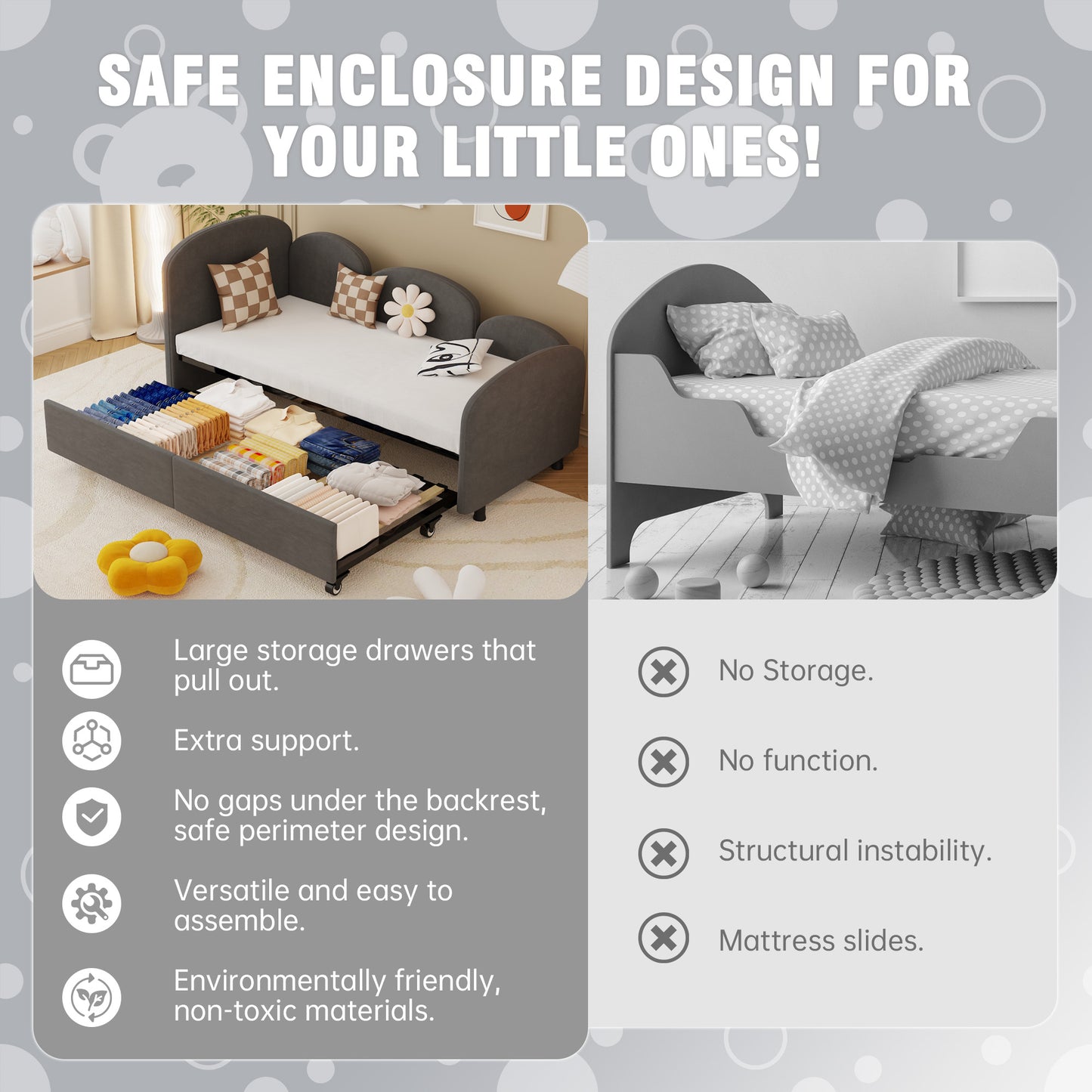 Dark grey upholstered daybed with pullout storage drawers filled with folded clothes