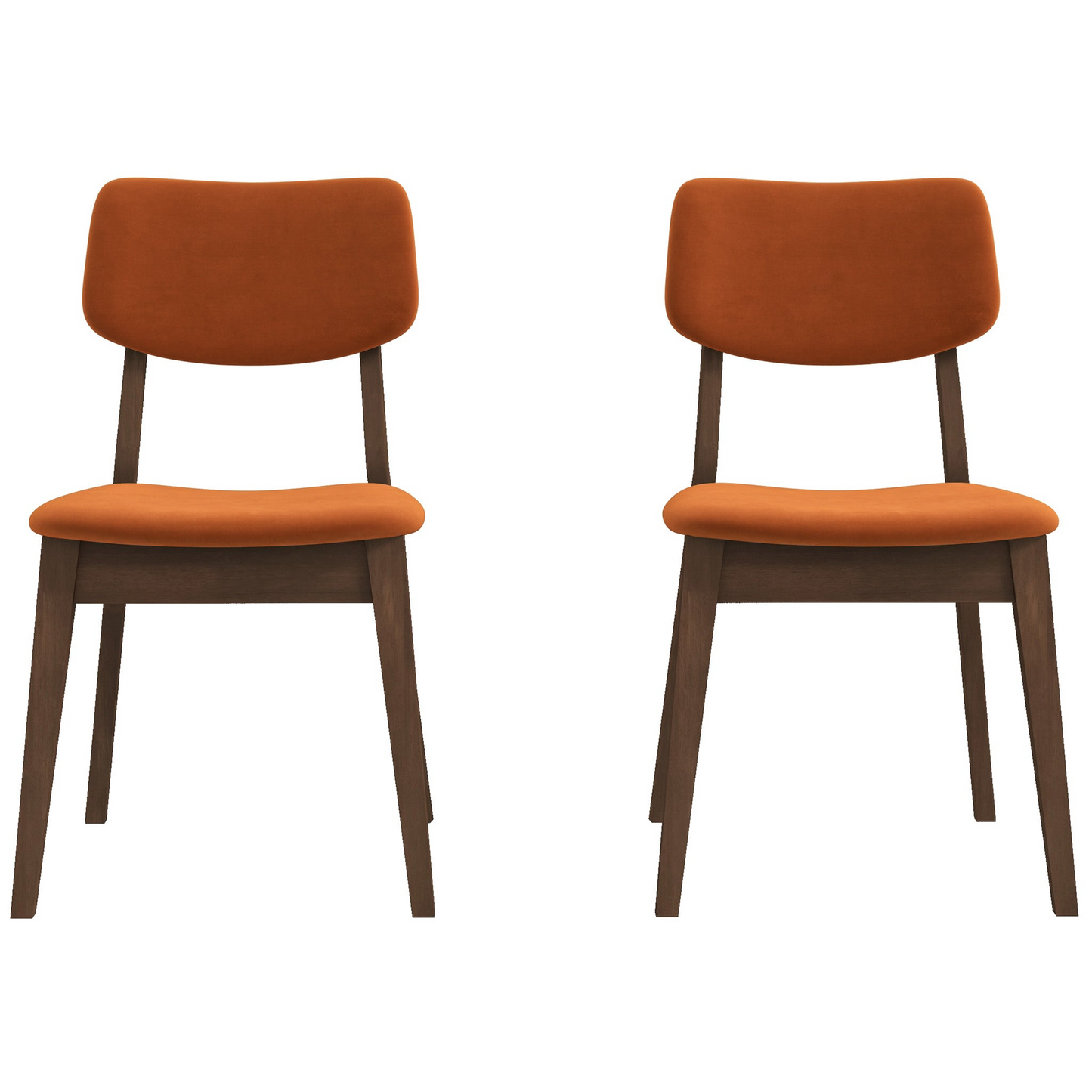 Two modern dining chairs with burnt orange upholstered seats and dark wood legs