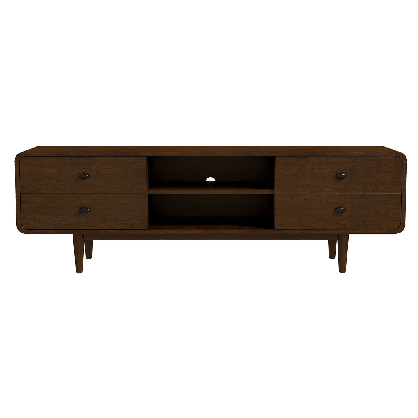 Dark wood media console with two drawers open shelves and tapered legs